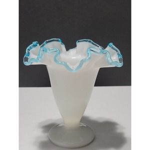 Vintage Fenton Aqua Blue Crest Ruffled Edge Milk Glass Vase